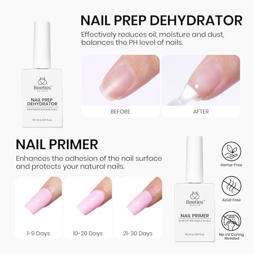 Beetles 4 Pcs 15ml Gel Top Coat and Base Coat Set with Nail Dehydrator and Primer Professional Nail Prep Acid-Free & Hema-Free Dehydrate Bond Primer Set for Acrylic and Gel Nail Polish