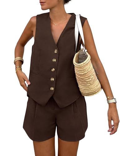 PRETTYGARDEN Women's Summer 2 Piece Outfits Sleeveless Matching Sets Button Down V Neck Vest Waistcoat and Pockets Shorts (Dark Coffee Medium)