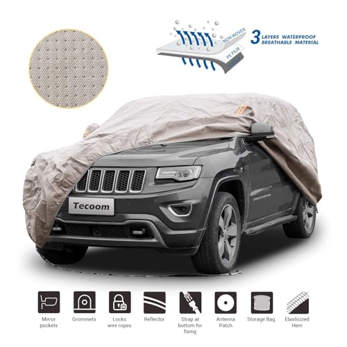 Tecoom Thick Shell Super Breathable-Waterproof Windproof Snow Sun Rain UV Protective Outdoor All Weather SUV Car Cover Fit 191-205 inches SUV