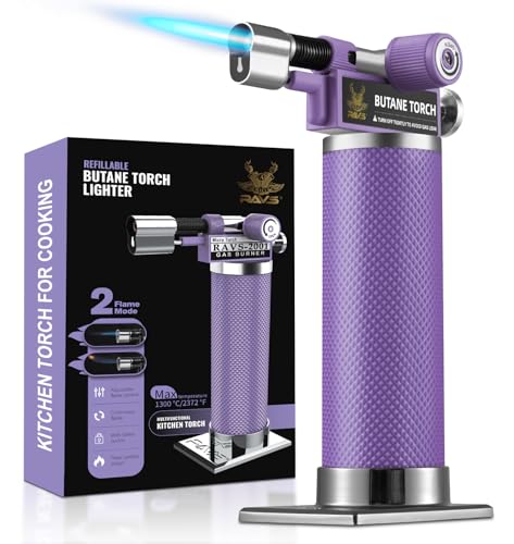 RAVS Butane Torch Lighter 2 Flame Mode Kitchen Torch Lighter Creme Brulee Torch Cooking Torch with Adjustment Flame Purple Micro Mini Torch Culinary Torch for Dessert Butane not Include