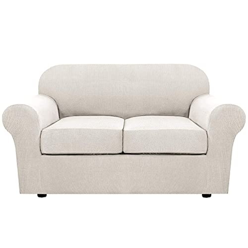 H.VERSAILTEX 3 Piece Stretch Sofa Covers for 2 Cushion Loveseat Couch Covers for Living Room Sofa Slipcovers (Base Cover Plus 2 Seat Cushion Covers) Thicker Jacquard Fabric(Medium Sofa Ivory)