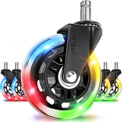 Lifelong Gaming Chair Wheels Replacement RGB Rubber Office Chair Casters for Carpet and Hardwood Floors Set of 5 Heavy Duty Caster Wheels for Desk Chairs Wheels - Fits 98%