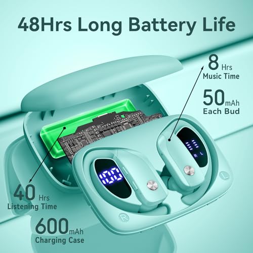 bmani Wireless Earbuds Bluetooth Headphones 48hrs Play Back Sport Earphones with LED Display Over-Ear Buds with Earhooks Built-in Mic Headset for Workout Mint Green