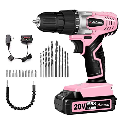 AVID POWER 20V MAX Lithium lon Cordless Drill Set Power Drill Kit with Battery and Charger 3/8-Inch Keyless Chuck Variable Speed 16 Position and 22pcs Drill Bits (Pink)