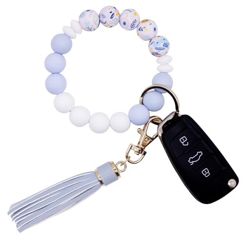 BIHRTC Silicone Beaded Wristlet Keychain with Leather Tassel Silicone Bead Bangle Chains Beads Keychain Wrist for Women Silicone Beaded Bangle Chains House Car Key Ring Bracelet