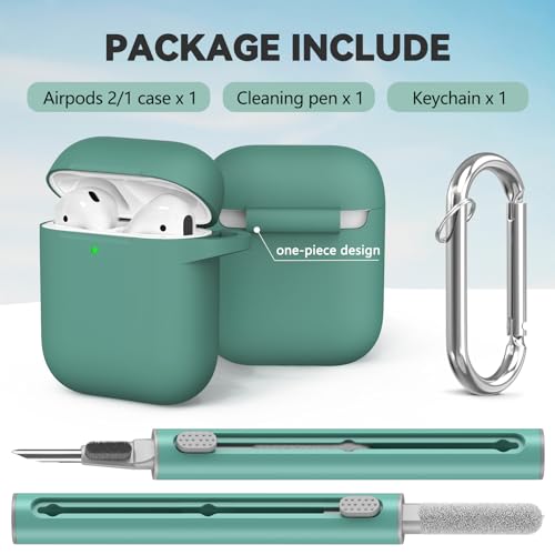 Ljusmicker for Airpods Case Cover 2&1(2019) with Cleaner Kit Soft Silicone Protective Case for Apple AirPods 2nd/1st Generation Case with Keychain Shockproof AirPod Case for Women Men-Pine Green
