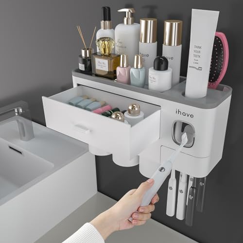 iHave Toothbrush Holder Bathroom Organiser 3 Cups Toothbrush Holder Wall Mounted with Toothpaste Dispenser Large Capacity Tray Cosmetic Drawer 6 Brush Slots with Cover Tooth Brush Holder