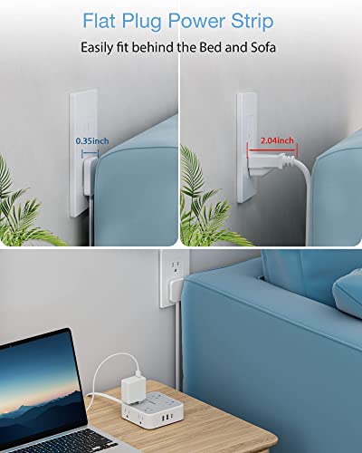 Surge Protector Flat Extension Cord Flat Plug Power Strip 8 AC Outlets 3 USB Charger(1 USB C Port) 3-Sided Outlet Extender 5 Ft 900 Joules Office Supplies Dorm Room Essentials grey