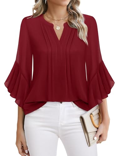 Timeson Womens Blouses for Work Professional: Plus Size - 3/4 Sleeve Tops for Women - Business Shirts for Women Fall Office Wear Ladies Professional Formal Clothes Sheer Chiffon Maternity Tops Red 2xl