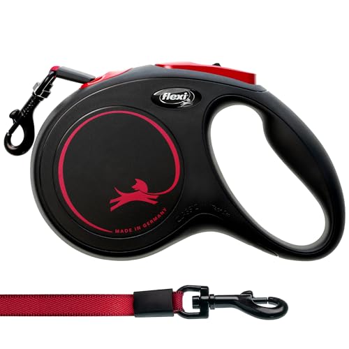 FLEXI New Classic Tape Retractable Dog Leash for Medium Dogs Upto 30-55 lbs. – 16 ft. Black Red |Tangle Free Pet Walking Leash with One-Handed Brake Pause Lock |German Quality Product