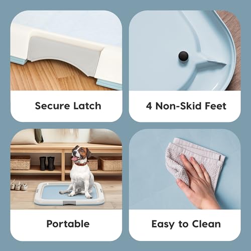 IRIS USA Pee Pad Holder Fits 23\"x23\" or Larger Medium Puppy Dog Pad Hoder Secured Latches Non-Skid Rubber Feet High Polish Finish for Easy Cleaning Leak Protection Dog Potty Tray Blue