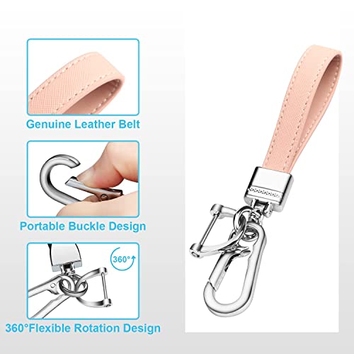 QBUC Genuine Leather Car Keychain Universal Heavy Duty Metal Key Chain Accessories Car Fob Key Keychain Holder with 360 Degree Rotatable Snap Swivel and Anti-Lost D-Ring for Men Women(Pink)