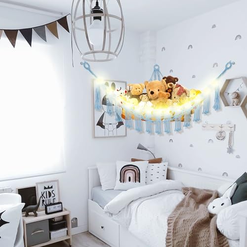 CERETIA Stuffed Animal Hammock with LED Light Toy Hammock for Stuffed Animals Storage for Kids Room Decor Stuffed Animal Hammock Corner Baby Blue