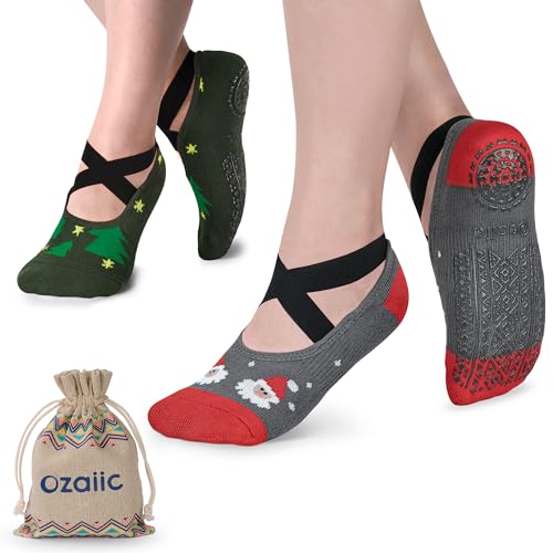 Ozaiic Green/Red Yoga Socks for Women - Unisex Cotton Athletic Socks with Non-Slip Grips Ideal for Pilates Ballet Dance and Barefoot Workouts