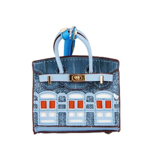 Women's Bag Charms Leather Purse Charms for Handbags Mini House Shape Cute Keychain (Blue-2)