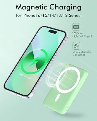 podoru for Magsafe Battery Pack 5000mAh Magnetic Power Bank with Type-C Cable 20W PD Fast Charging Lighting Input Wireless Portable Charger-Green KT-D003MINI