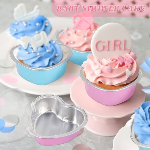 Aluminum Foil Cake Pan Heart Shaped Cupcake Cup with Lids 100 ml/ 3.4 Ounces Disposable Mini Cupcake Cup Flan Baking Cups for Valentine Mother's Day Wedding Xmas Birthday (Pink Light Blue 40 Sets)