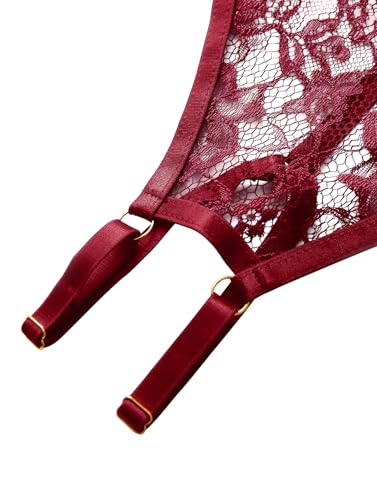 Lilosy Petite Women's Sexy Underwire Floral Lace Sheer Lingerie Set See Through Bra and Panty 2 Piece Lace Wine Red X-Small