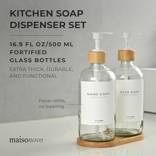 MAISONOVO Clear Glass Soap Dispenser with Pump and Bamboo Tray - Kitchen Soap Dispenser Set - Hand Soap Dispenser for Bathroom Dish and Hand Soap Dispenser Set Soap and Lotion Dispenser Set of 2