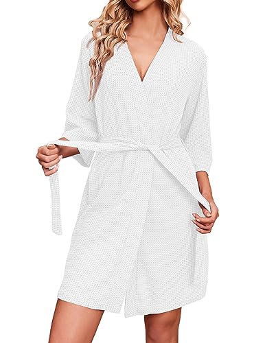 Ekouaer Robes for Women Waffle Knit Bathrobe Soft Lightweight Knee Length Loungewear