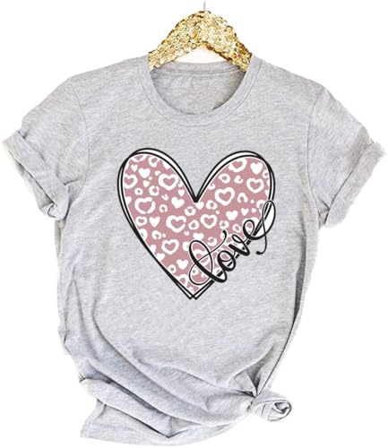 kfulemai Womens Valentines Day Shirts Print Graphic Tees Cute Leopard Love Heart Shirts Casual Short Sleeve(L Light Grey-1)