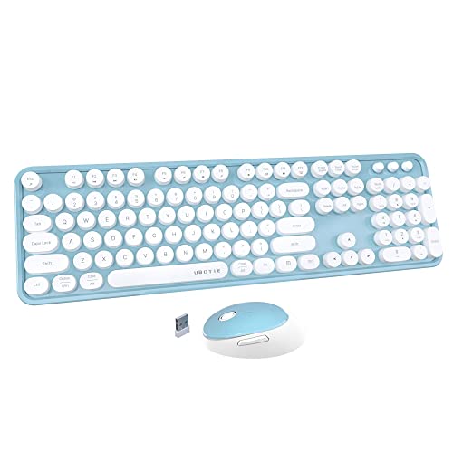 UBOTIE Colorful Computer Wireless Keyboard Mouse Combos Typewriter Flexible Keys Office Full-Sized Keyboard 2.4GHz Dropout-Free Connection and Optical Mouse (Blue-White)