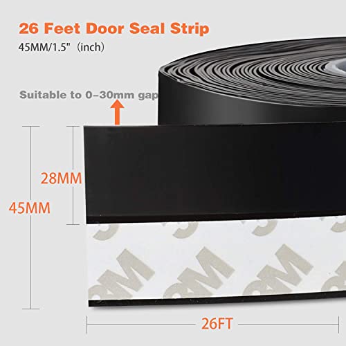 26 Feet Silicone Seal Strip Door Weather Stripping Door Seal Strip Window Seal Silicone Sealing Tape for Door Draft Stopper Adhesive Tape for Doors Windows and Shower Glass Gaps (Black 45MM)