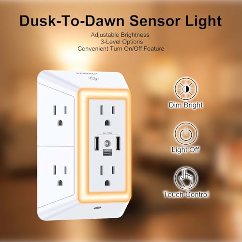 Outlet Extender USB Wall Charger - POWRUI 6 AC Surge Protector Outlets with 3 USB Ports (1 USB C) and Night Light 3-Sided Multi Plug Wall Outlet Power Strip with Spaced Outlets ETL Listed White