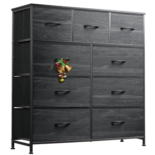 WLIVE 9-Drawer Dresser Fabric Storage Tower for Bedroom Hallway Nursery Closet Tall Chest Organizer Unit with Bins Steel Frame Wood Top Easy Pull Handle Charcoal Black Wood Grain Print