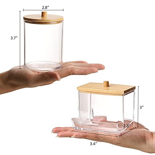 Tbestmax Qtips Holder Bathroom Container 10/7 OZ Cotton Ball/Swabs Dispenser Apothecary Jar Organizer for Storage Wood Lids