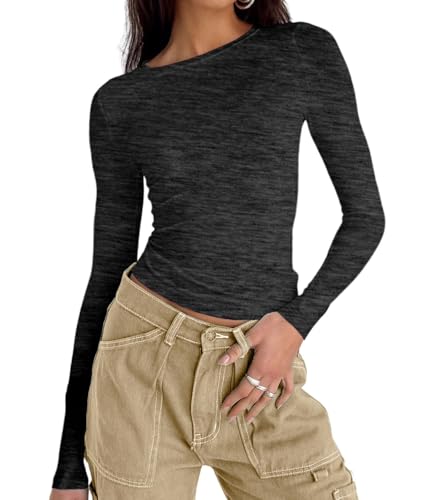 Abardsion Women's Casual Basic Going Out Crop Tops Slim Fit Long Sleeve Crew Neck Tight T Shirts (Dark Heather Grey L) Large