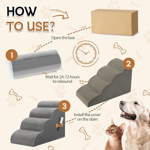 ROMROL Dog Stairs Dog Steps Ramp for High Bed and Couch Dog Ramp with Durable Non-Slip Waterproof Fabric Cover Pet Stairs for Small Dogs and Cats or Pets Joints 4-Tiers Grey