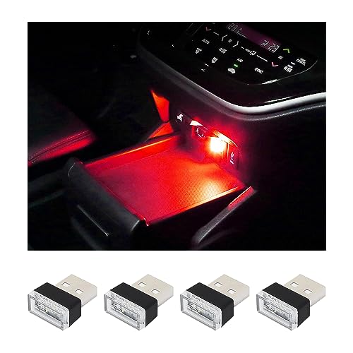 Augeny 4 PCS USB LED Car Interior Atmosphere Lamp Plug-in USB Decor Night Light Portable Auto Ambient Lighting Kit Universal Vehicle Interior Accessories for Most Cars (Red)