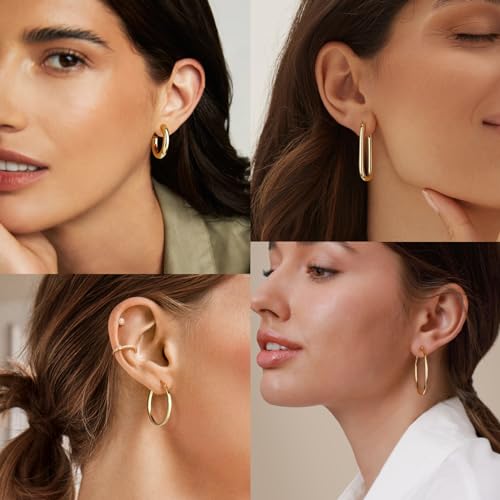 Adoyi Gold Hoop Earrings Set for Women 14K Gold Plated Thick Open Hoops Chunky Huggie Hoop Earrings for Women Gift Lightweight