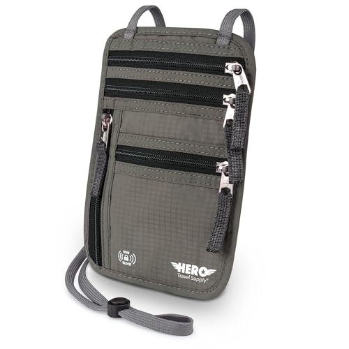 HERO Neck Wallet – RFID Blocking Passport Holder – Easy to Conceal Travel Pouch Army Grey OneSize