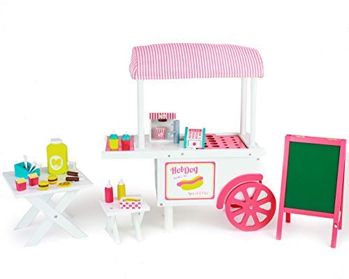 Playtime by Eimmie 18 Inch Doll Furniture - Hot Dog Food Cart and Dolls Accessories - Wooden Playsets - Fits American Generation My Life & Similar 14”-18” Girl Dolls Stuff - Girls Toys