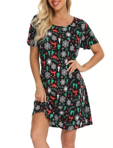 ENJOYNIGHT Womens Nightgowns Cotton Sleepwear Plus Size Sleep Shirts Short Sleeves Nightshirt Print Sleepshirt (1X Xmas)