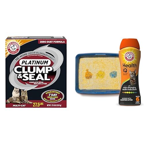 Bundle of ARM & HAMMER Clump & Seal Platinum Clumping Cat Litter Multi-Cat 27.5lb + ARM & HAMMER Health IQ Cat Litter Additive with Color Changing Health Indicators Works with Most Litter 10 oz