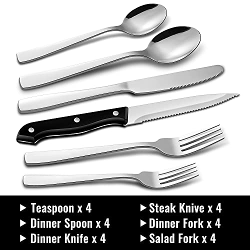 Hiware 24-Piece Silverware Set with Steak Knives Stainless Steel Flatware Cutlery Mirror Polished Utensils Set for 4 Includes Forks Spoons Knives Silverware Dishwasher Safe