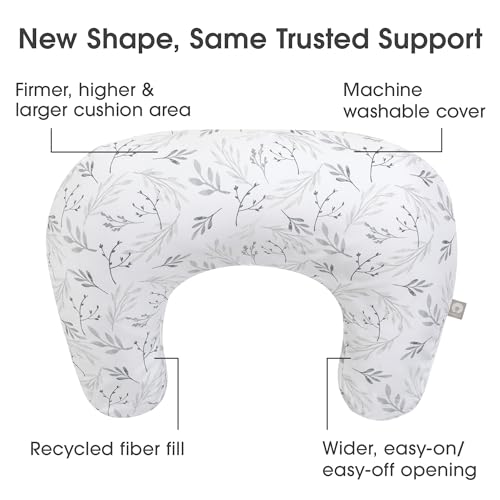 Boppy New Nursing Pillow – Gray Gentle Leaves – Larger Firmer More Supportive Pillow for Breastfeeding & Bottle Feeding – Firmer Fill Higher Lift Larger Area Than Original Boppy Nursing Pillow