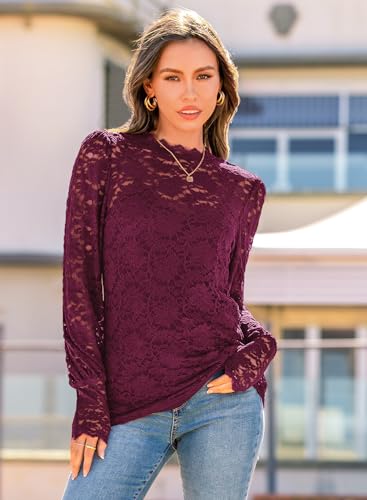 DOROSE Long Sleeve Shirts for Women Lace Tops Blouses for Work Professional Burgundy M