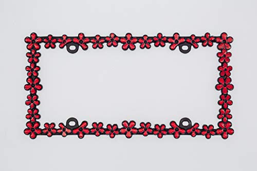 Creathome 3D Shining Daisy Wrenth License Plate Frame from Pure Zinc Alloy Metal Perfect Plate Holder Matt Black with Red Glitter