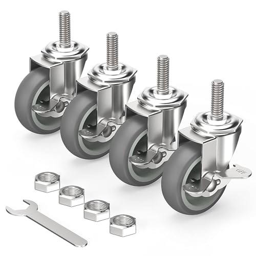 HOLKIE Caster Wheels 3 inch Locking Stem Casters 3/8\" -16 x 1-1/2\" (Stem Diameter 3/8\" Stem Length 1-1/2\") Threaded Stem Casters Swivel Casters Set of 4 Heavy Duty Castors Gray