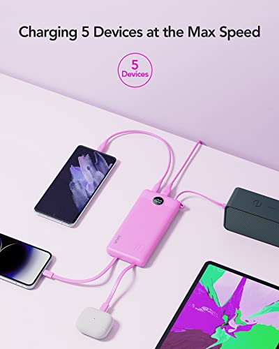 VRURC Portable Charger 10000mAh Slim LED Display Power Bank 5 Output 2 Input Cell Phone Battery Pack Built-in Micro & USB C Cables Phone Charger Compatible with iPhone Samsung Android-Purple(1 Pack)