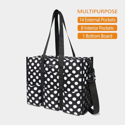 TOPDesign Utility Water Resistant Tote Bag with 13 Exterior & Interior Pockets Top Zipper Closure & Thick Bottom Support Polka Dots - Pro Large-Pro Polka Dots - Pro Large-Pro