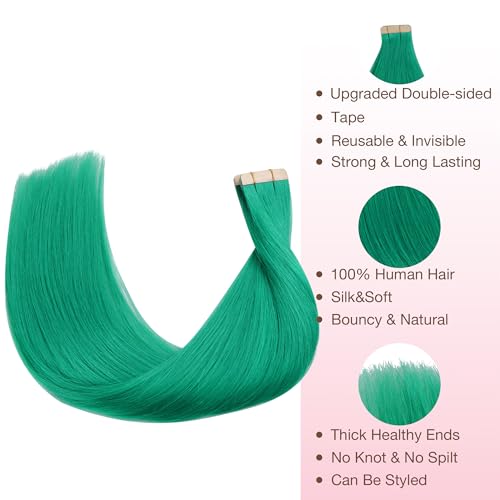 GOO GOO Tape in Hair Extensions Human Hair Green 16inch 25g 10pcs Colored Tape ins Human Hair Extensions Silky&Soft Invisible Tape Ins Hair Highlighted for Party