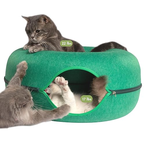 Cattasaurus Peekaboo Cat Cave for Multiple Cats & Large Cats for Cats Up to 30 Lbs Cat Caves for Indoor Cats Cat Tunnel Bed Scratch Detachable & Washable Large Donut Cat Bed (Forest Green)