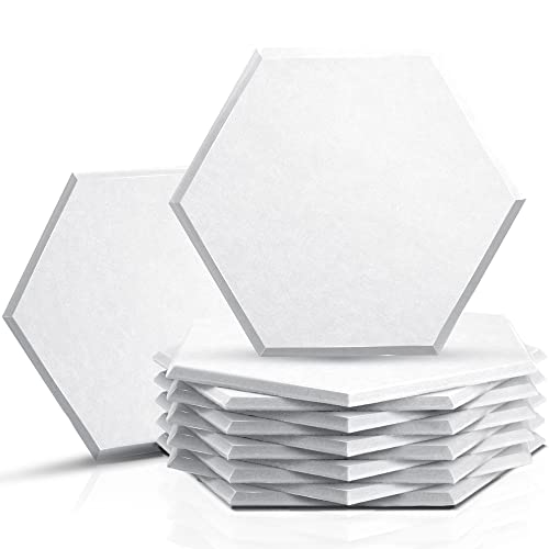 Sonic Acoustics 12 Pack Hexagon Acoustic Panels 14\" X 12\" X 0.4\" High Density Sound Absorbing Panels Sound Proof Insulation Beveled Edge Studio Treatment Tiles-White