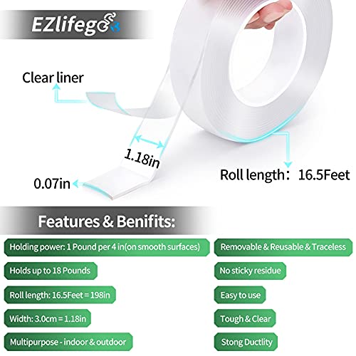 EZlifego Double Sided Tape Heavy Duty(16.5FT/5M),Multipurpose Wall Tape Adhesive Strips Removable Mounting Tape Reusable Strong Sticky Transparent Tape Gel Poster Carpet Tape for Paste Items Household
