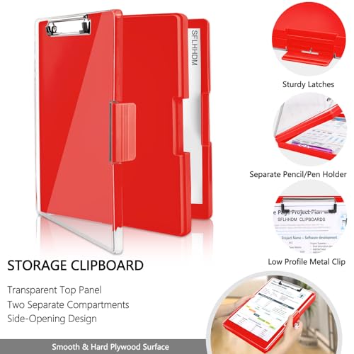 SFLHHDM Clipboard with Storage Heavy Duty Clip Boards 8.5x11 2 Storage Case Clear Visible Top Panel Clipboards Side Opening Boards Nursing Folder Case for Office Supplies-Red